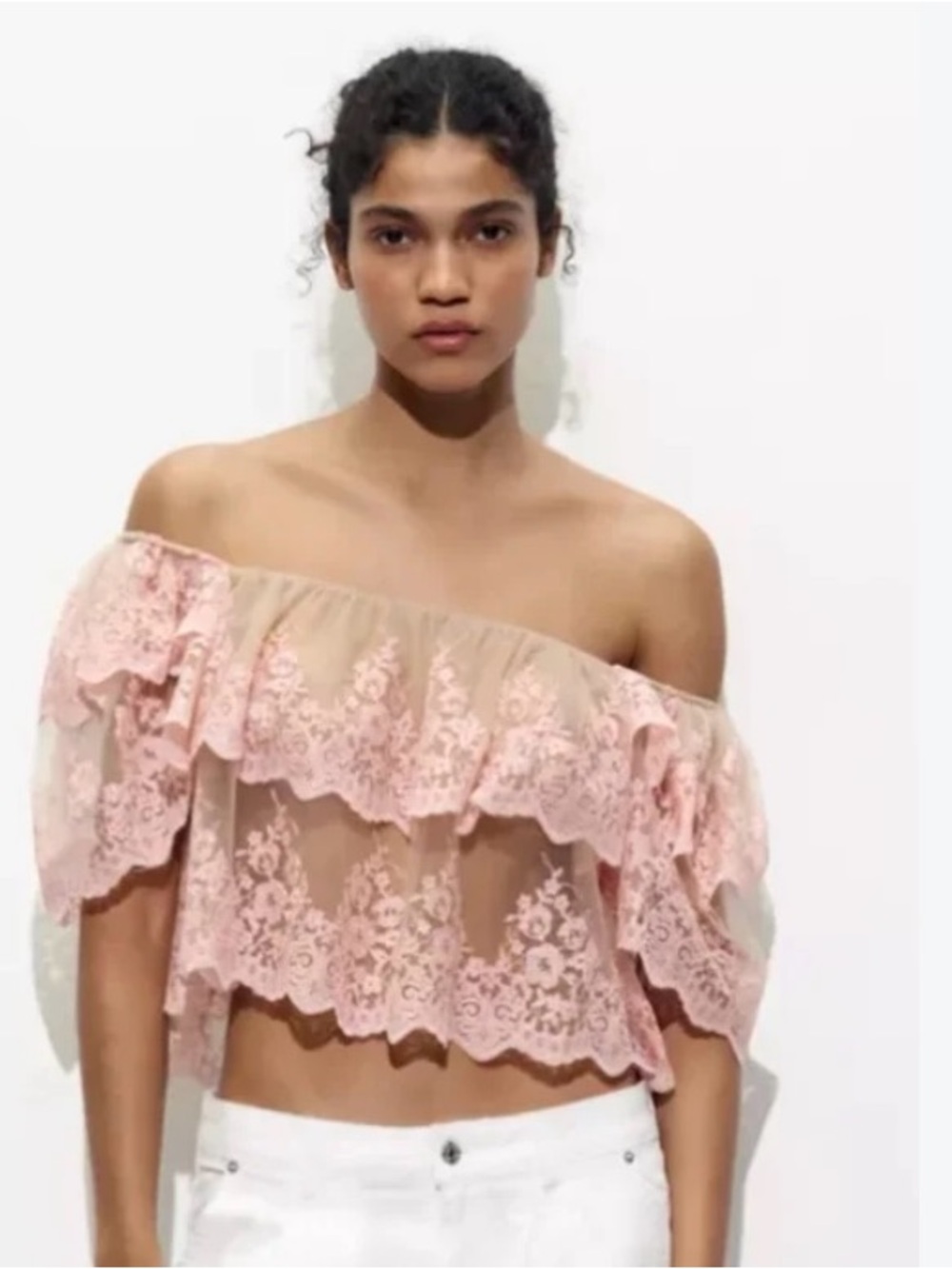 Zara Pink Lace Off-Shoulder Ruffle Top